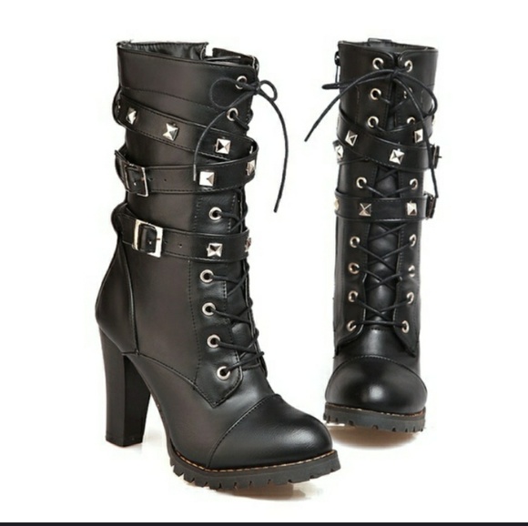 black heeled biker boots